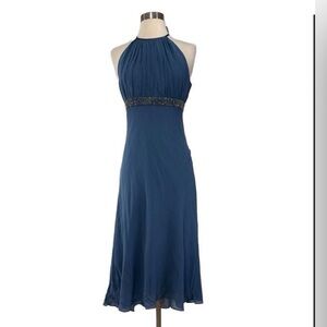 Maggy London 100% Silk Beaded Empire Waist Halter Midi Dress Blue Size 6